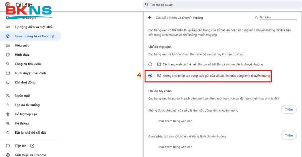Kích hoạt chế độ không cho phép các trang web gửi cửa sổ bật lên hoặc dùng lệnh chuyển hướng