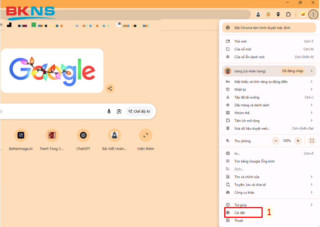 Mở menu cài đặt trên trình duyệt Google Chrome máy tính