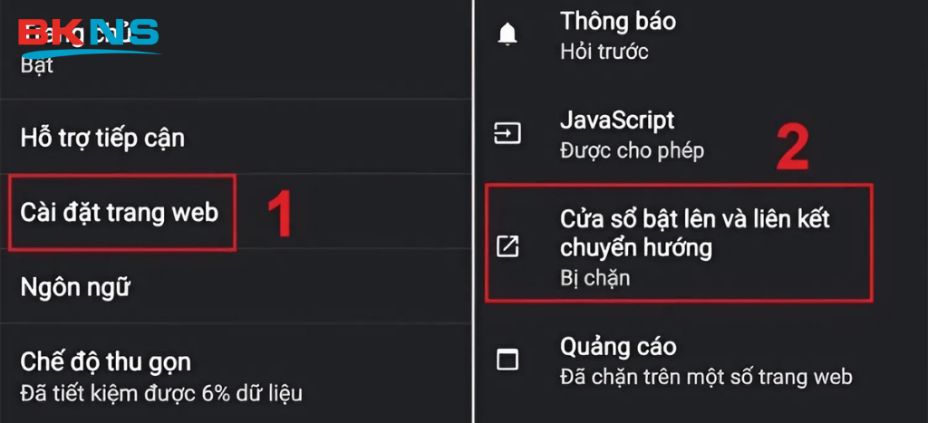  Tìm chọn mục "Cài đặt trang web" để quản lý quyền truy cập và nội dung hiển thị