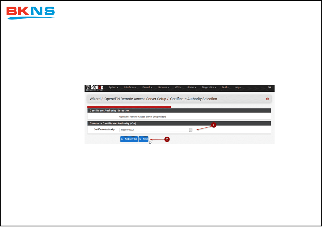 Chọn OpenVPN CA tại mục Certificate Authority => Next