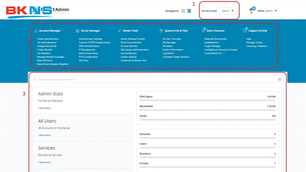 Giao diện DirectAdmin được chia thành các khu vực với các chức năng khác nhau