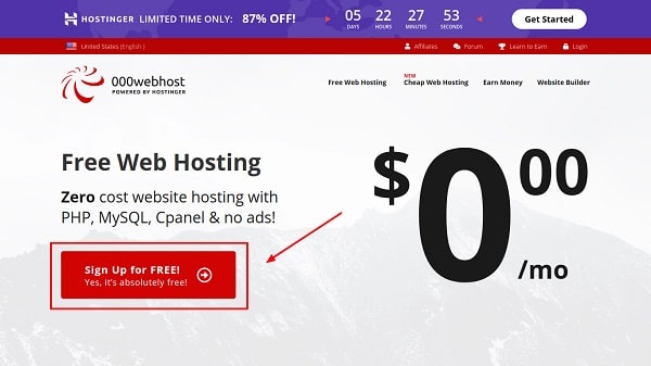 000Webhost.com cung cấp dịch vụ lưu trữ web miễn phí