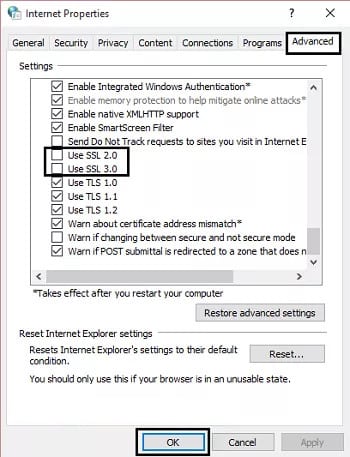 Tích vào tùy chọn Use SSL 2.0 và Use SSL 3.0 và để trống các tùy chọn khác 