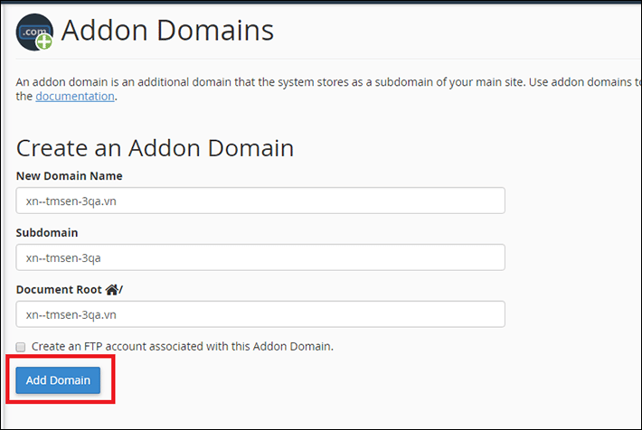 Thêm tên miền tiếng việt vào hosting vào Hosting DA vào Addon Domain