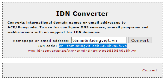 Nhập tên miền có dấu vào khung nhập liệu, tiếp đó nhấn "Convert" để chuyển sang mã ASCII.