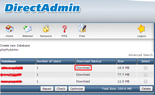 chọn cơ sở dữ liệu mà muốn backup để Download về máy tính