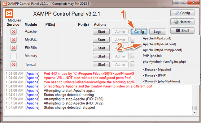 Mở bảng điều khiển XAMPP, chọn Config, sau đó chọn chuột trái vào Apache (sửa lỗi không start được MySQL trong XAMPP)