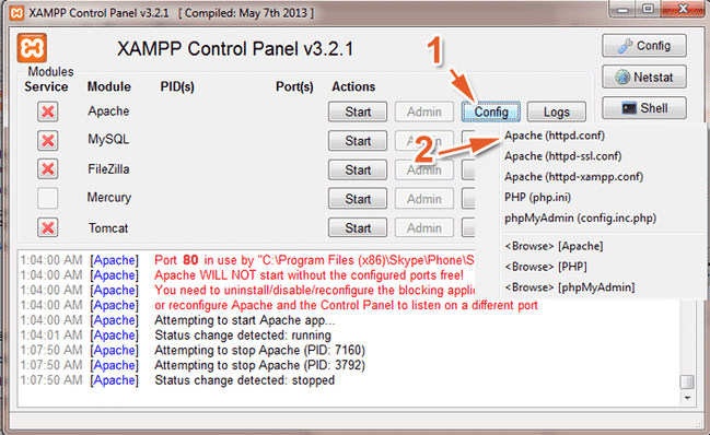 Mở bảng điều khiển XAMPP, chọn vào Config, chọn tiếp Apache(httpd.conf)