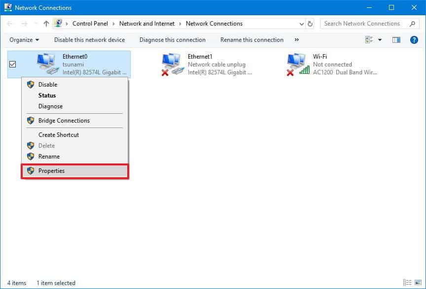 Nhấp chuột vào thiết bị mạng mà bạn muốn thay đổi địa chỉ IP sau đó chọn Properties.