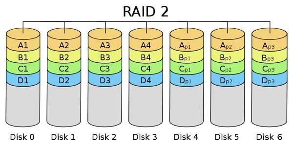 Dữ liệu Raid 2 được Strip ở cấp độ bit, phân chia tại nhiều ổ đĩa dữ liệu và ổ đĩa dự phòng