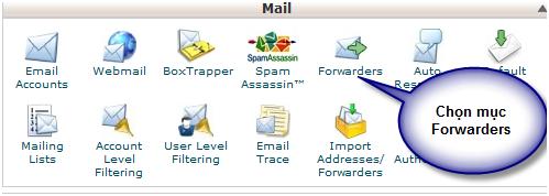 Đăng nhập quản trị hosting, sau đó vào forwarders trong mục Mail