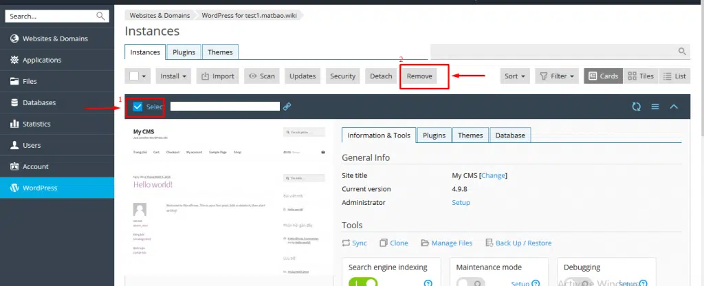 Chọn domain WordPress -> click Remove