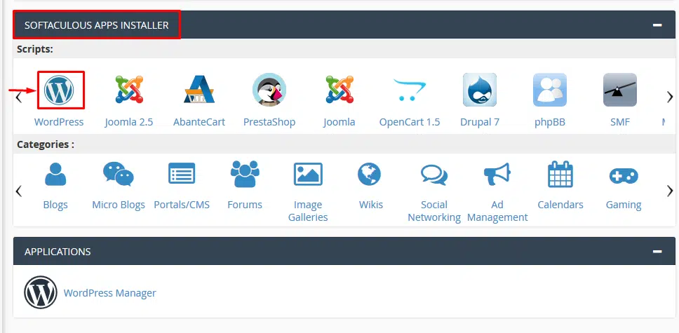  Softaculous Apps Installer -> chọn WordPress.