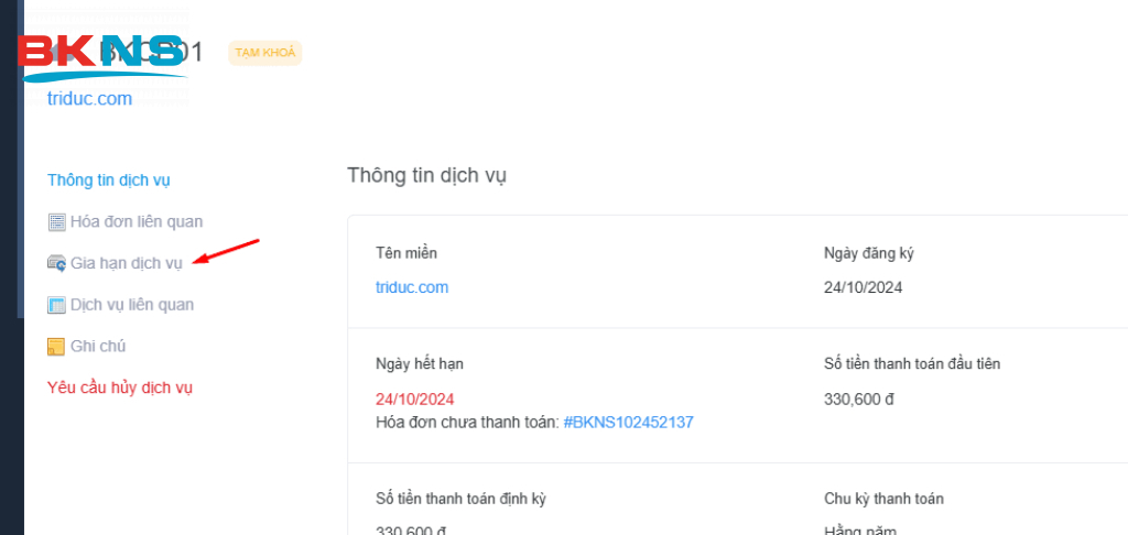 Chọn gia hạn dịch vụ