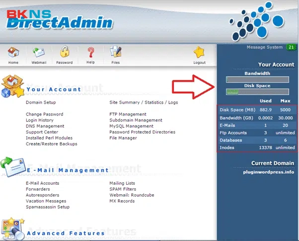 Đăng nhập Directadmin để kiểm tra dung lượng Hosting của website